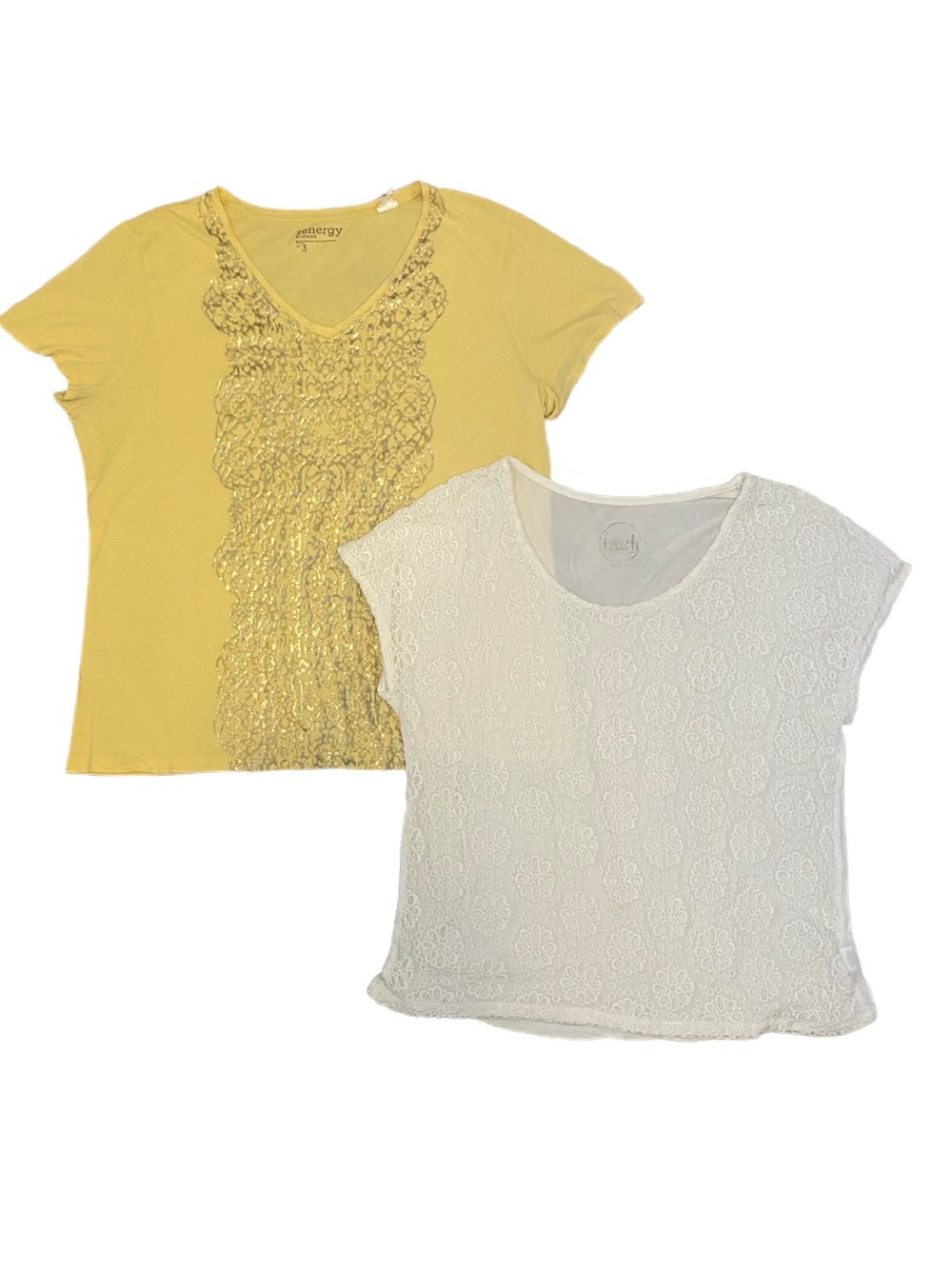 2 Short Sleeve Shirts with Metallic and Eyelet adornments. Size XL